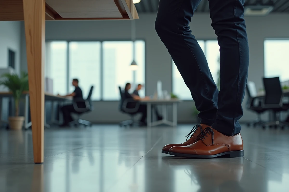 Homme debout à un bureau en open space portant des semelles orthopédiques pour pied plat dans ses chaussures de ville
