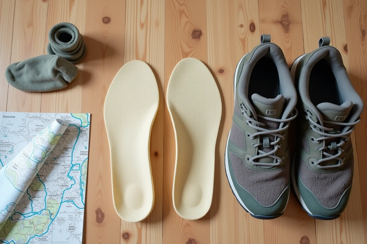 Semelles orthopédiques pour pied plat posées à plat sur un parquet en bois à côté de chaussures de randonnée