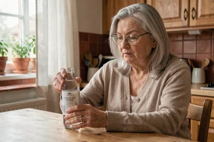 Senior femme lisant l'étiquette d'une bouteille d'eau minérale dans une cuisine, conseils hydratation pour reins fragiles