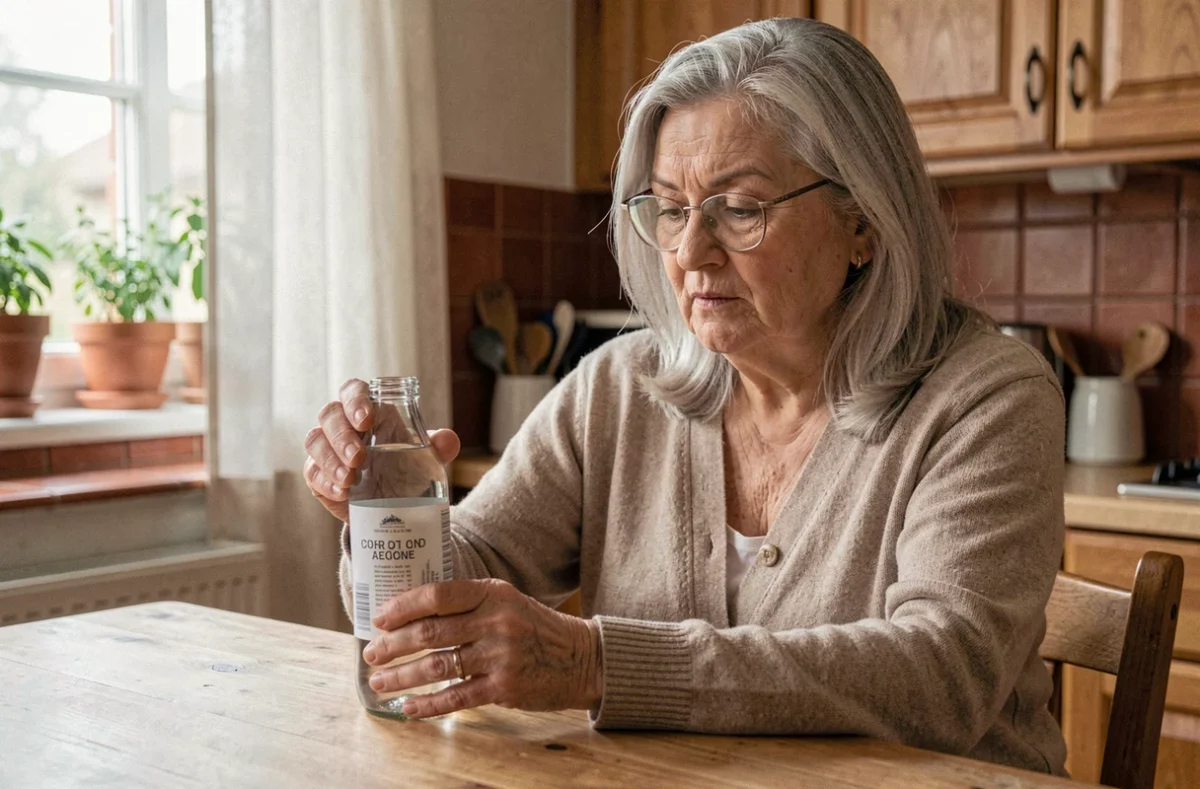 Senior femme lisant l'étiquette d'une bouteille d'eau minérale dans une cuisine, conseils hydratation pour reins fragiles