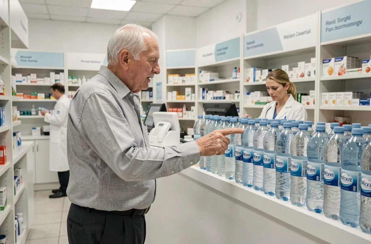 Senior homme en pharmacie choisissant une eau minérale adaptée aux reins fragiles avec conseil pharmacien