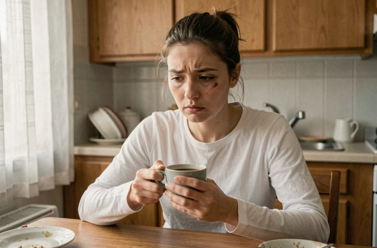 Jeune femme fixant une tasse de café dans une cuisine, regard vide révélant les séquelles psychologiques durables d'une relation avec un pervers narcissique