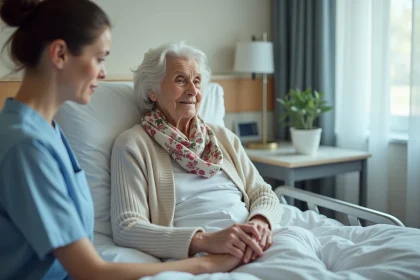 Femme âgée avec soignante dans une chambre d'hôpital