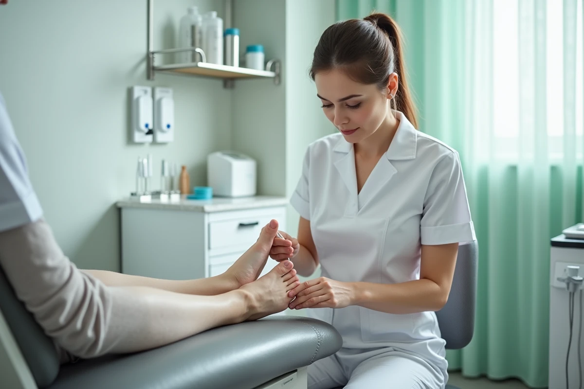 Podologue professionnelle réalisant un soin des cors et callosités aux pieds en cabinet médical