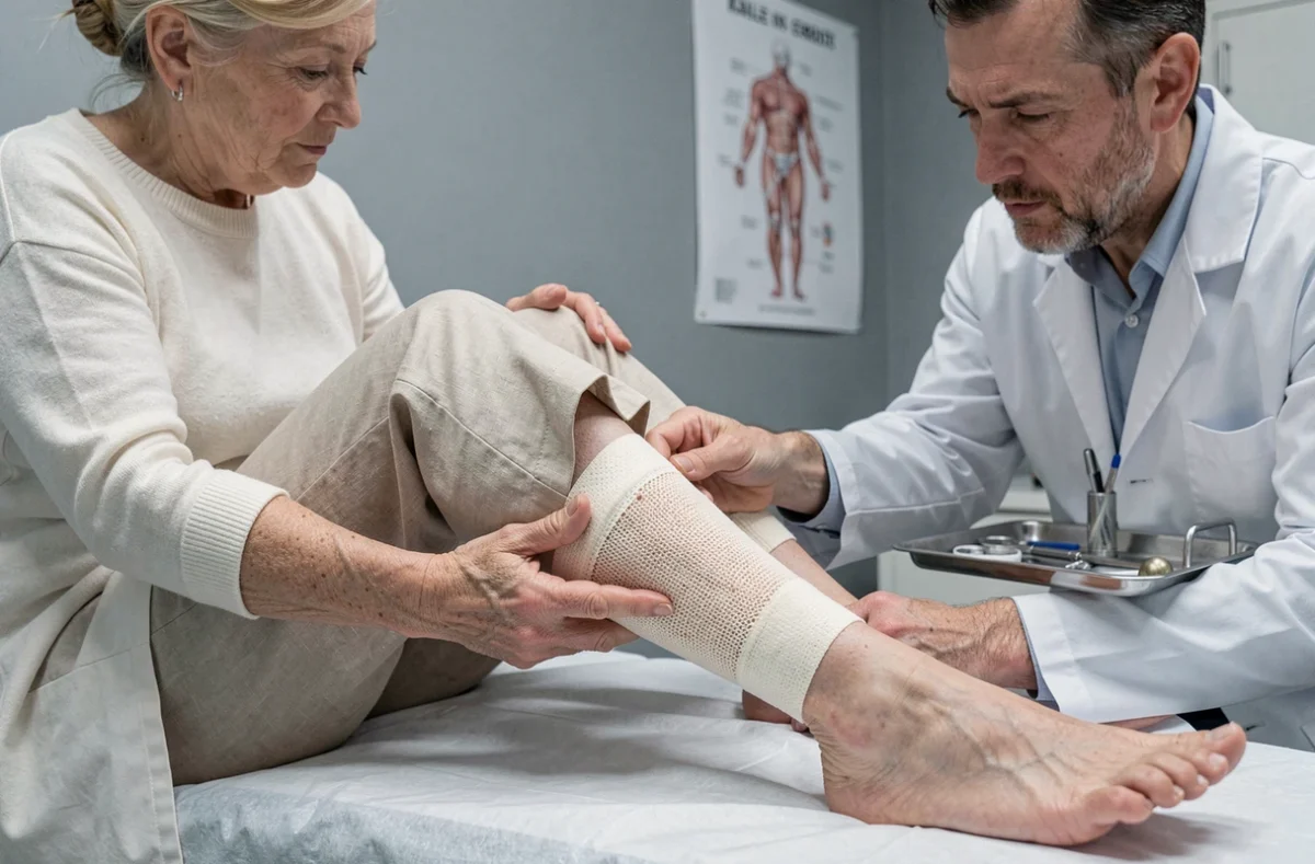 Consultation médicale de suivi après opération des varices avec examen du bandage de compression