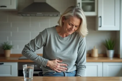 Femme adulte tenant son côté droit abdomen avec une expression de gêne, symptôme possible d'un problème de foie