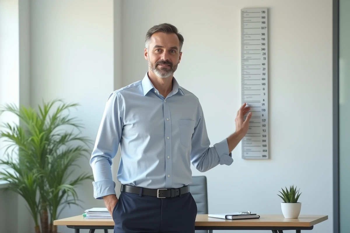 Homme de petite taille mesurant sa stature devant un tableau de mesure dans un cabinet médical