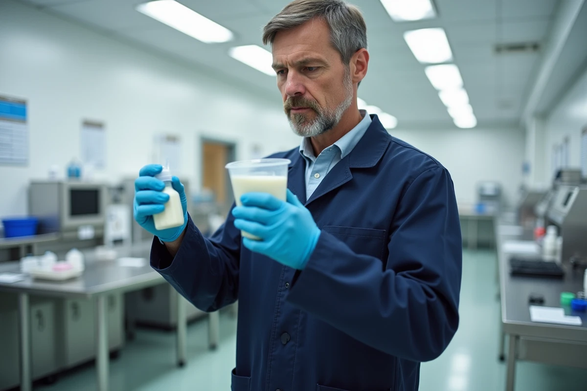 Technicien laitier en laboratoire moderne examinent un échantillon de lait
