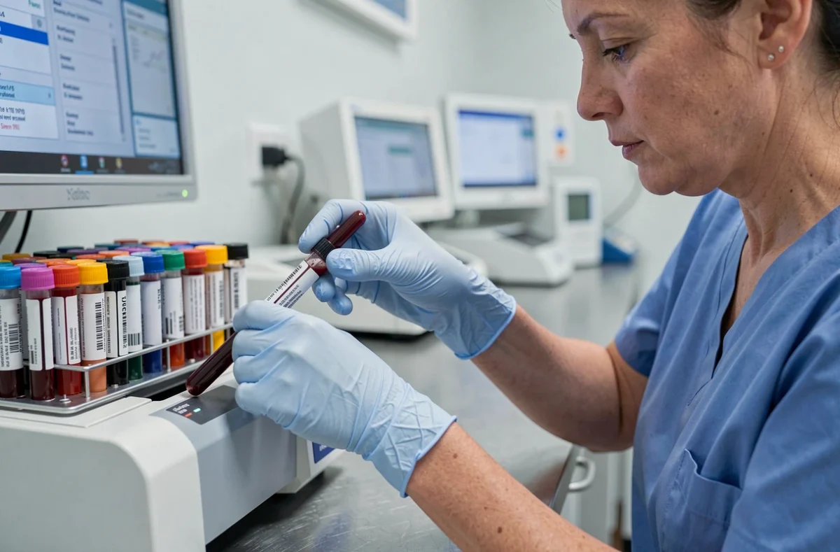 Technicienne de laboratoire manipulant un échantillon sanguin pour l'analyse du marqueur tumoral CA 19-9 dans le cadre du diagnostic pancréatique