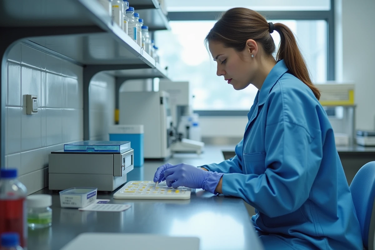 Technicienne de laboratoire analysant des échantillons d'urine pour détecter une microalbuminurie élevée