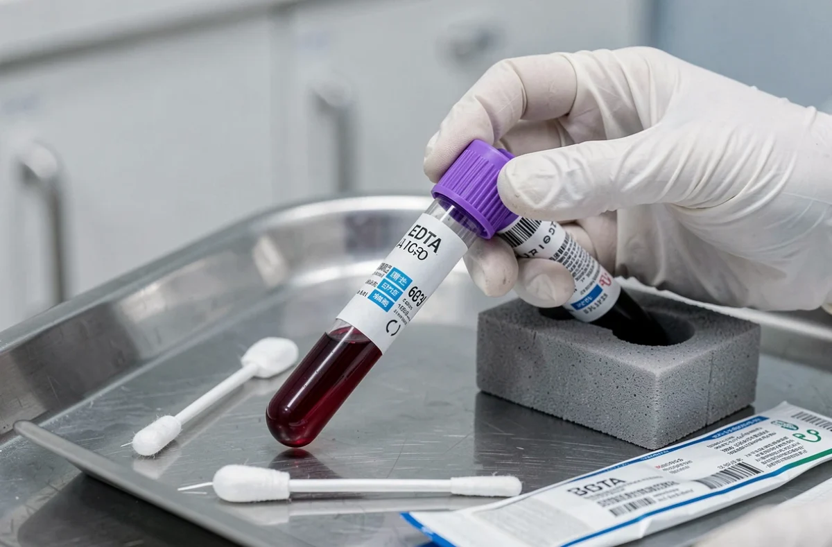 Tubes de prélèvement sanguin EDTA étiquetés par un préleveur pour analyse hémogramme TCMH en laboratoire