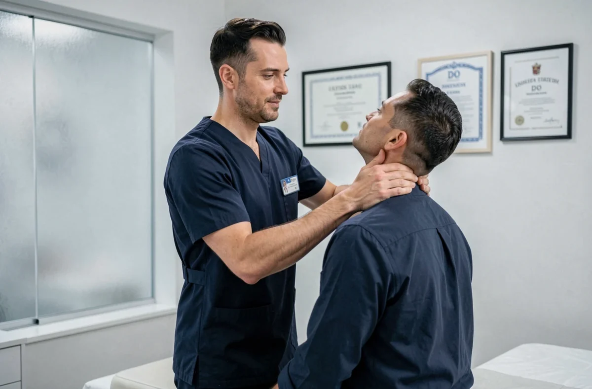 Yann Leblet, ostéopathe D.O. dans les Deux-Sèvres, examinant la posture cervicale d'un patient